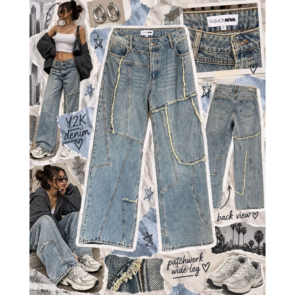 Fashion Nova Y2K Patchwork Wide Leg Jeans Light Wash Frayed Denim Streetwear